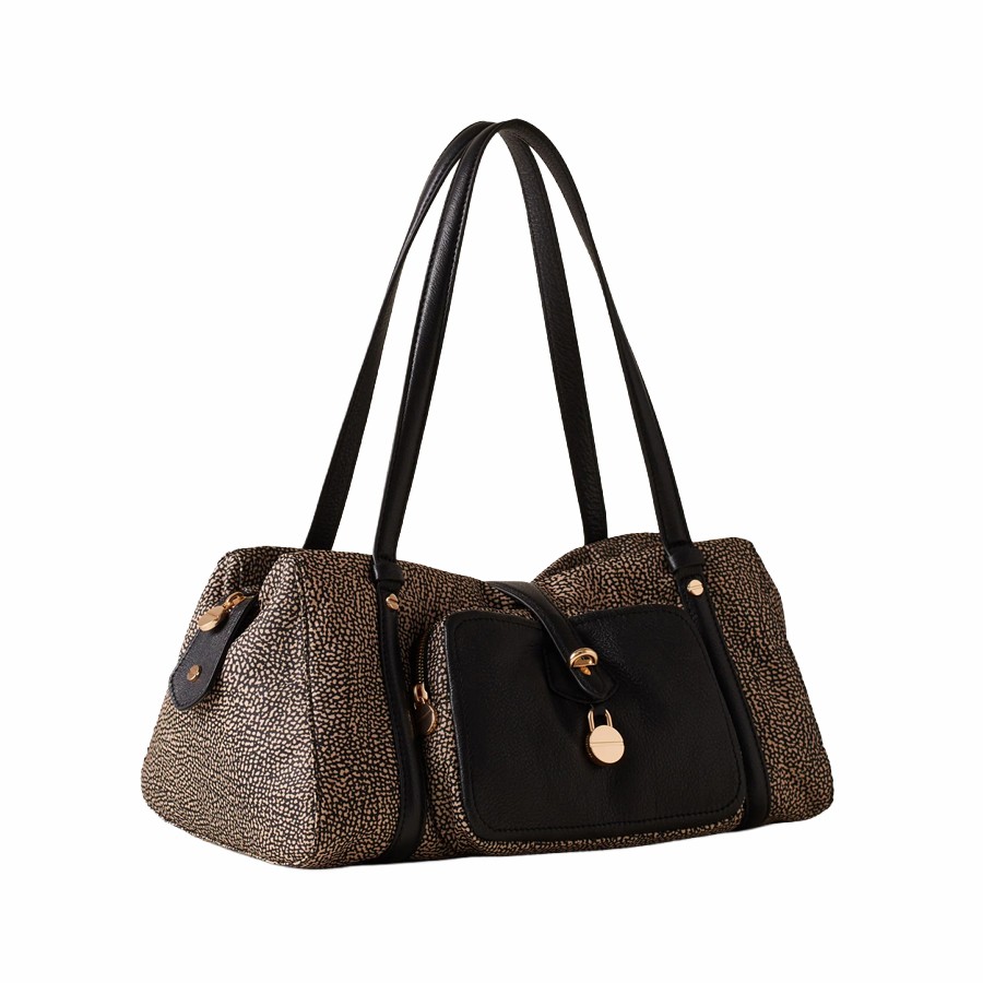 Borbonese medium shoulder bag Poche in Opnaturale fabric and black leather