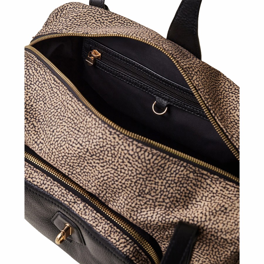 Borbonese bauletto medium a spalla Poche tessuto Opnaturale e Pelle nero