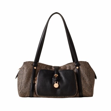 Borbonese bauletto medium a spalla Poche tessuto Opnaturale e Pelle nero
