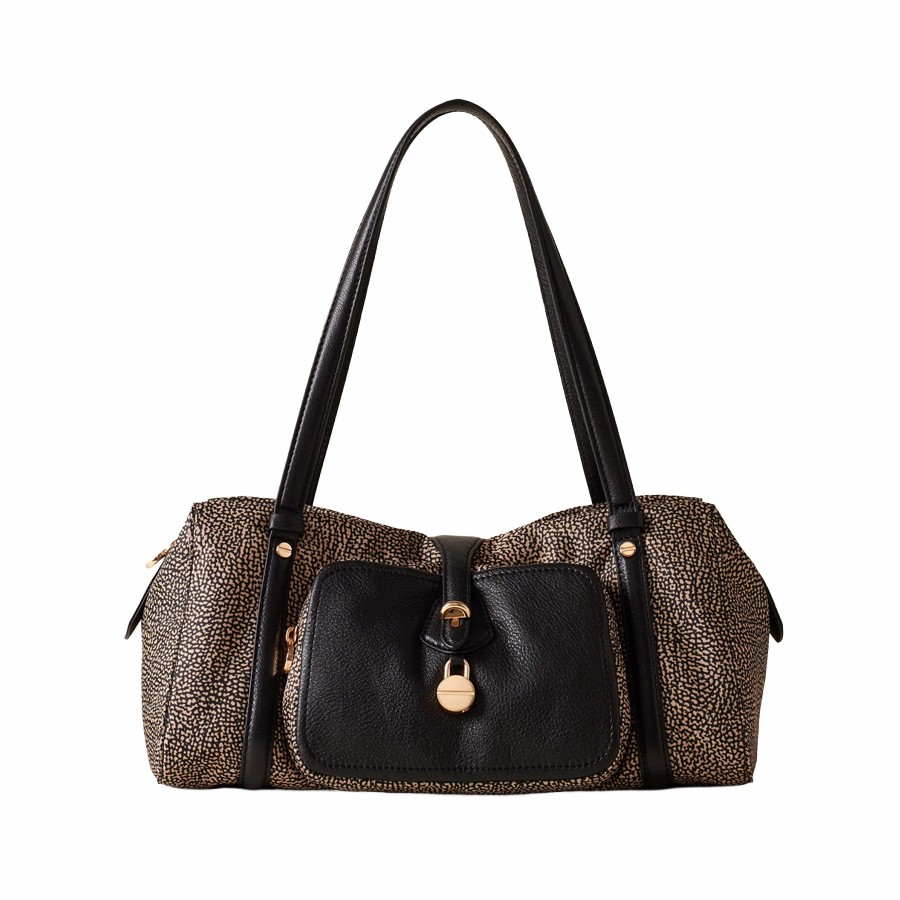 Borbonese medium shoulder bag Poche in Opnaturale fabric and black leather