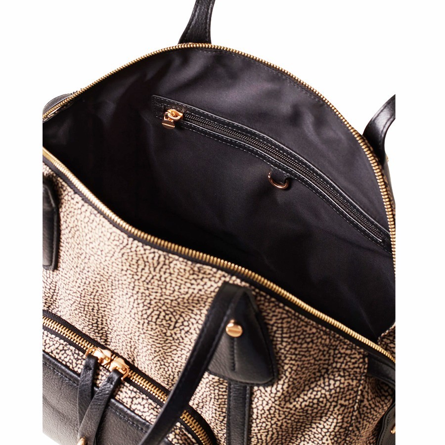 Borbonese medium shopping bag Poche natural Op fabric black leather