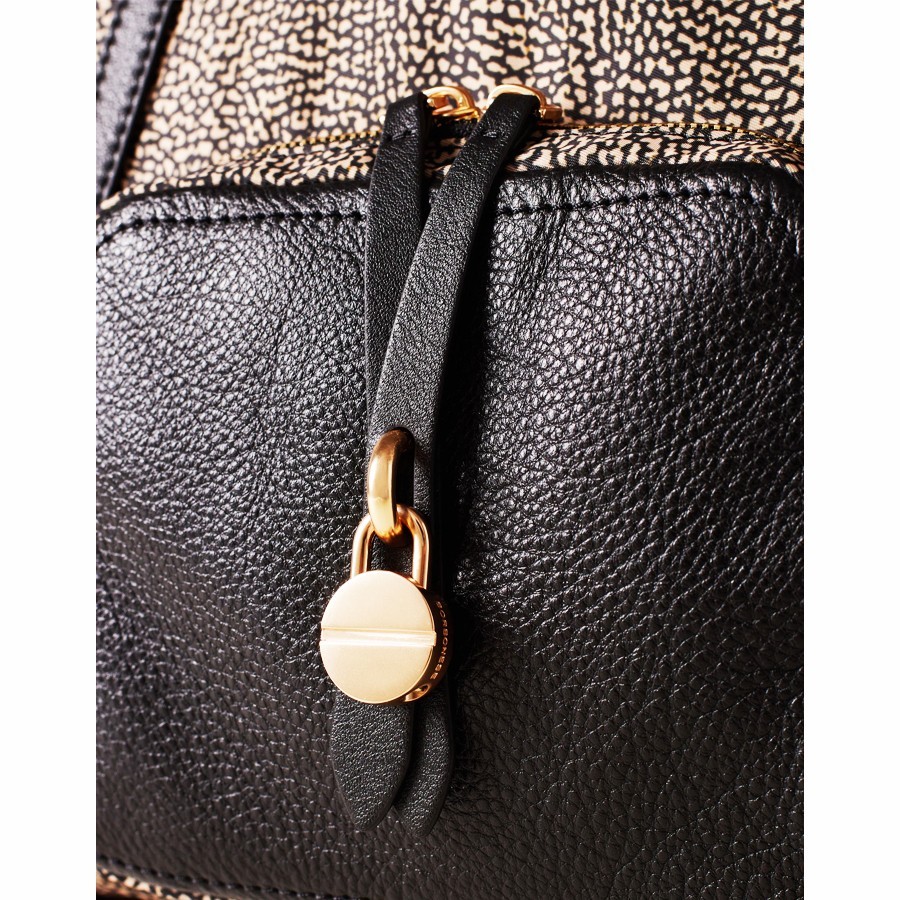 Borbonese borsa shopping medium Poche tessuto Op naturale Pelle nero