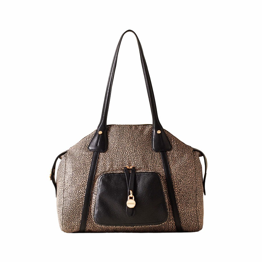 Borbonese medium shopping bag Poche natural Op fabric black leather