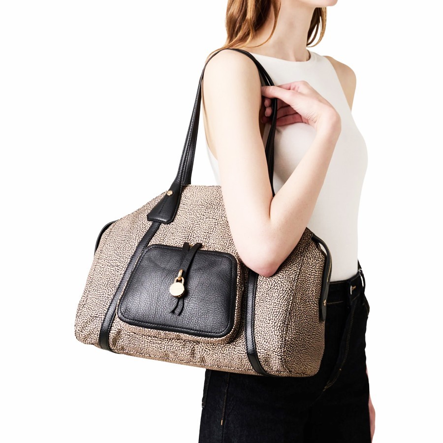 Borbonese medium shopping bag Poche natural Op fabric black leather