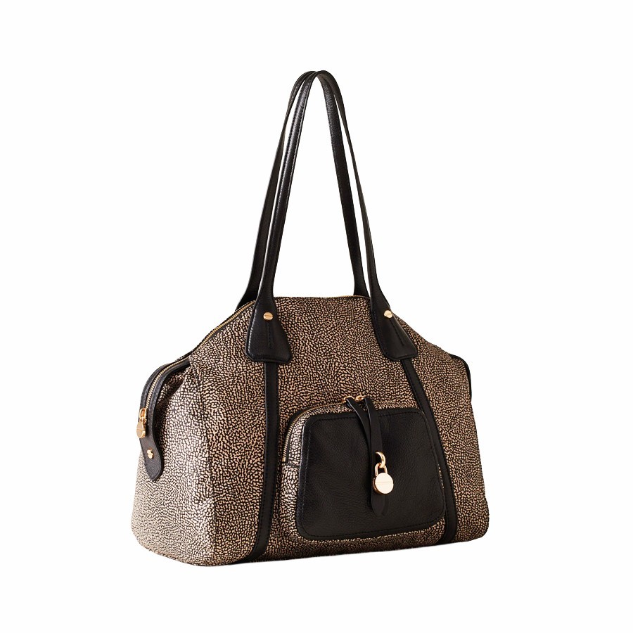 Borbonese medium shopping bag Poche natural Op fabric black leather