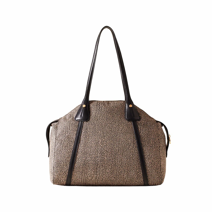 Borbonese medium shopping bag Poche natural Op fabric black leather