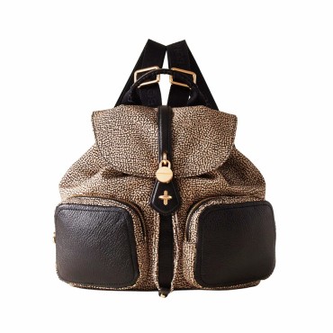 Borbonese zaino medium Poche tessuto Op naturale Pelle nero
