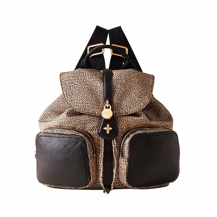 Borbonese zaino medium Poche tessuto Op naturale Pelle nero