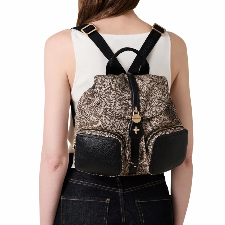 Borbonese medium backpack Poche natural Op fabric black leather