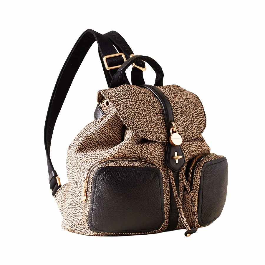 Borbonese zaino medium Poche tessuto Op naturale Pelle nero
