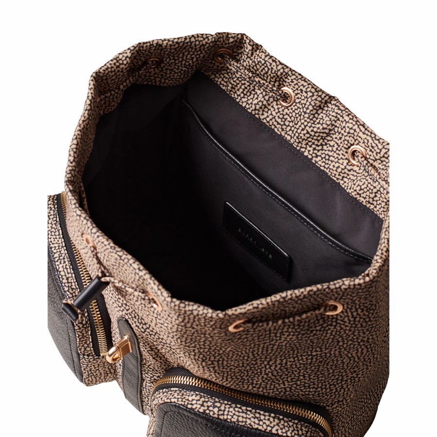 Borbonese zaino medium Poche tessuto Op naturale Pelle nero