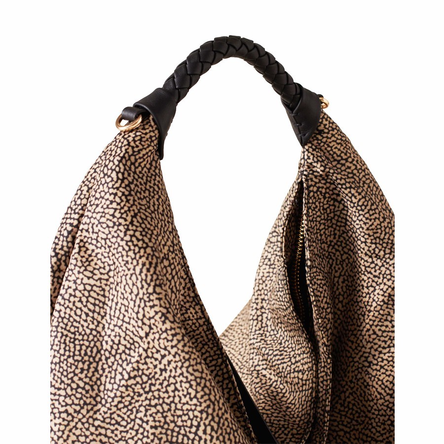 Borbonese Hobo bag medium Pile Fabric Op Op Natural black