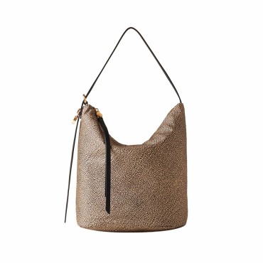 Borbonese Medium Prive Bucket Bag in Natural Fabric and Black Leather