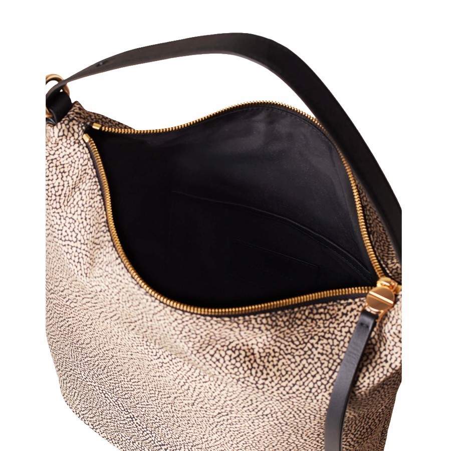 Borbonese Medium Prive Bucket Bag in Natural Fabric and Black Leather