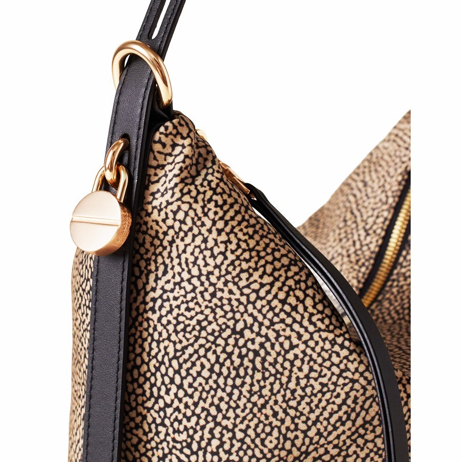 Borbonese Medium Prive Bucket Bag in Natural Fabric and Black Leather