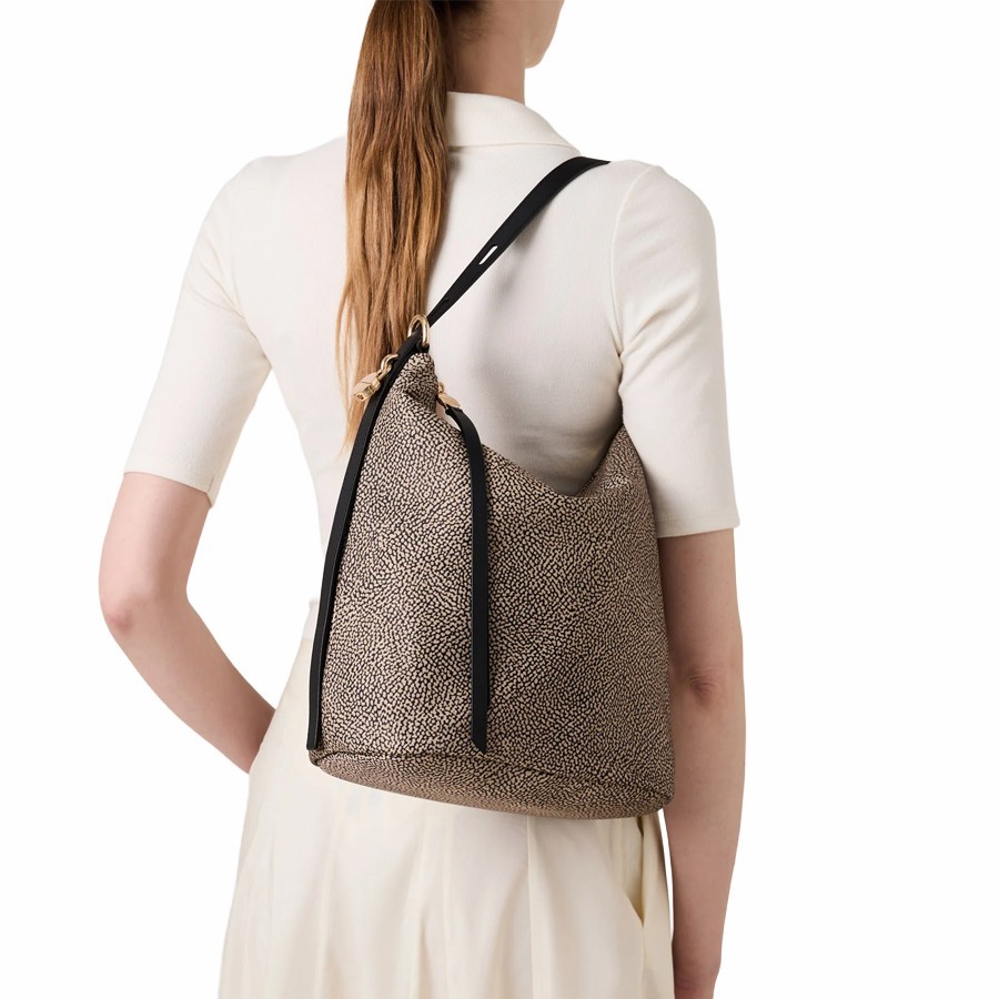Borbonese Medium Prive Bucket Bag in Natural Fabric and Black Leather