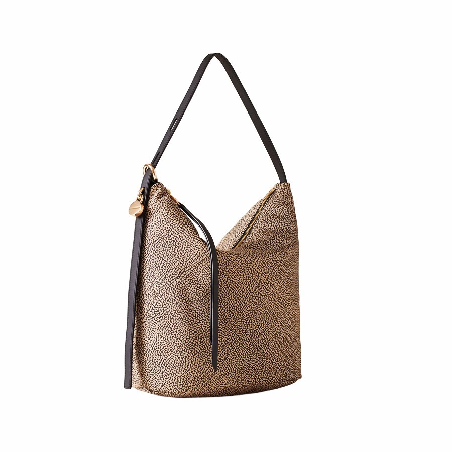 Borbonese Medium Prive Bucket Bag in Natural Fabric and Black Leather