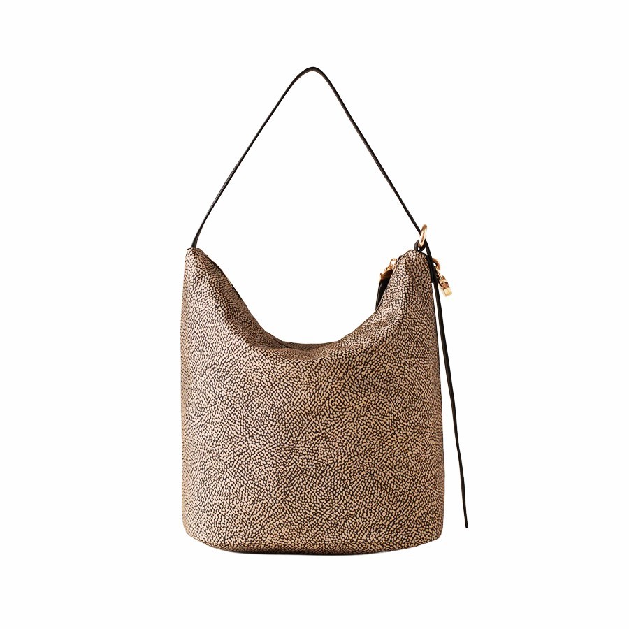 Borbonese Medium Prive Bucket Bag in Natural Fabric and Black Leather