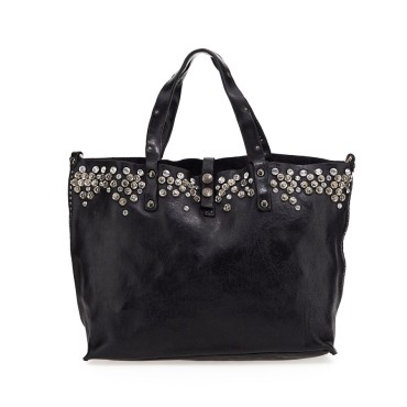 Campomaggi "Bella Di Notte" shopping bag in black leather with studs and rhinestones