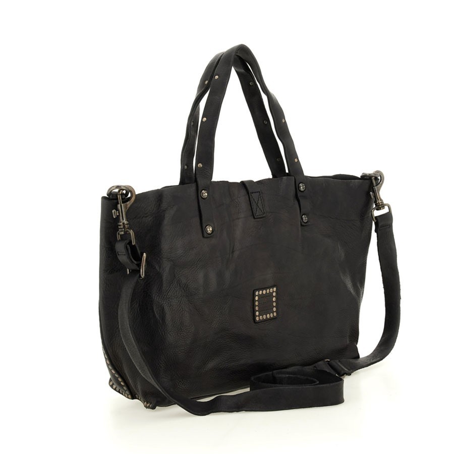 Campomaggi "Bella Di Notte" shopping bag in black leather with studs and rhinestones