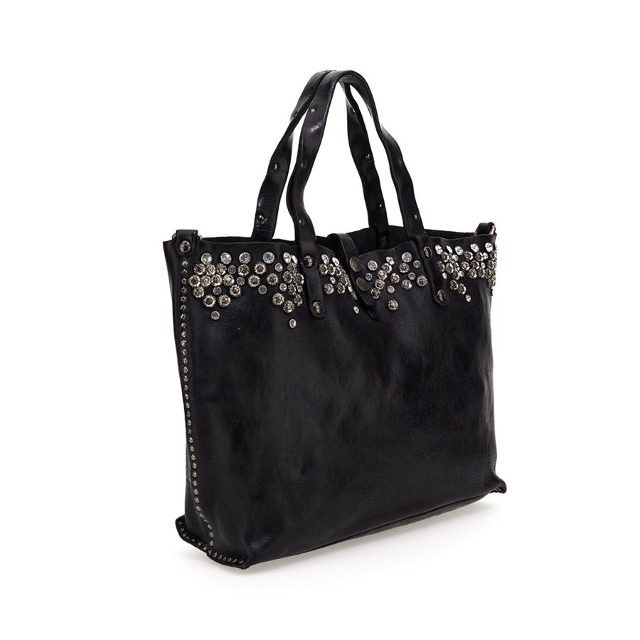 Campomaggi "Bella Di Notte" shopping bag in black leather with studs and rhinestones