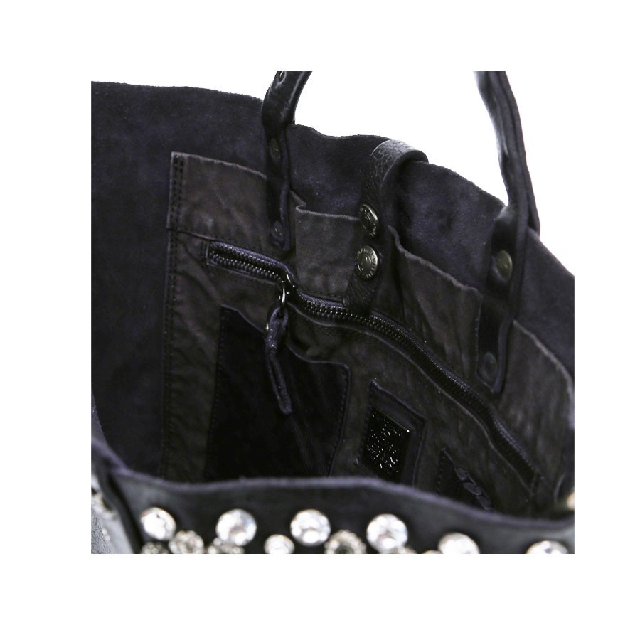 Campomaggi "Bella Di Notte" shopping bag in black leather with studs and rhinestones