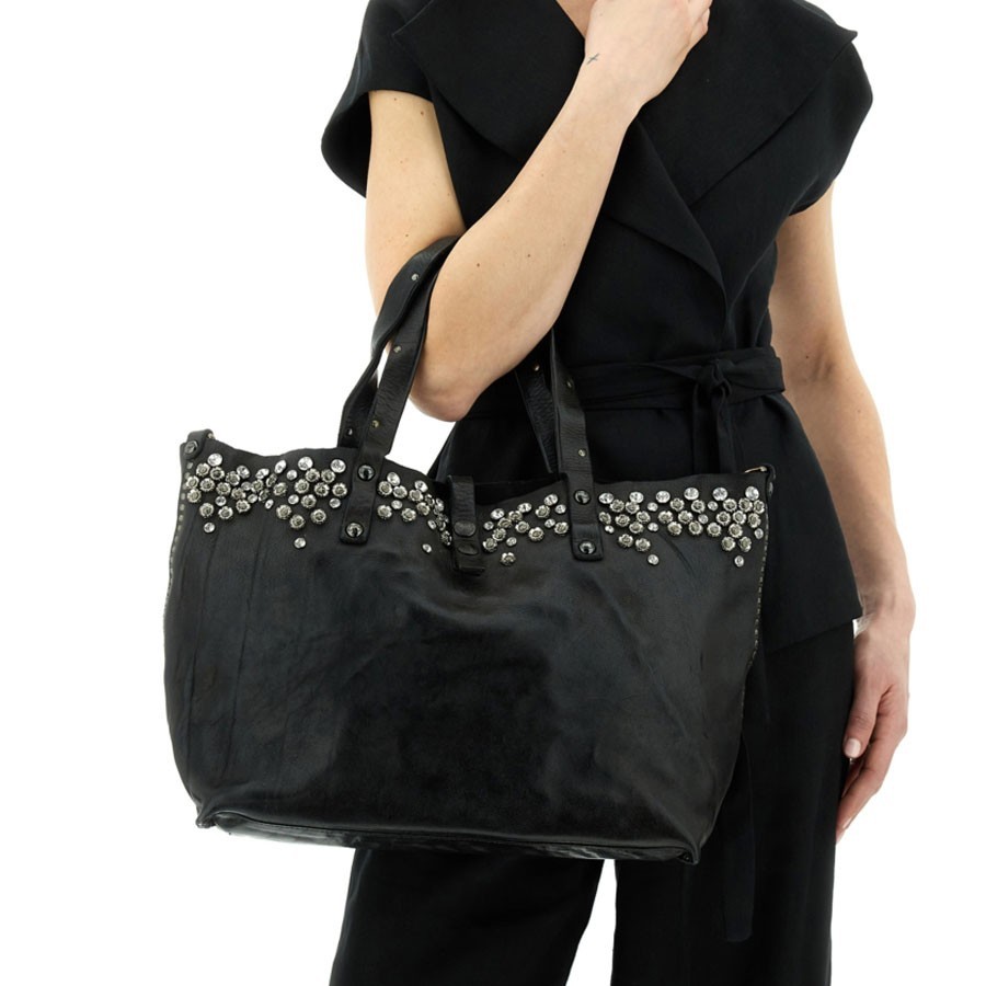 Campomaggi "Bella Di Notte" shopping bag in black leather with studs and rhinestones