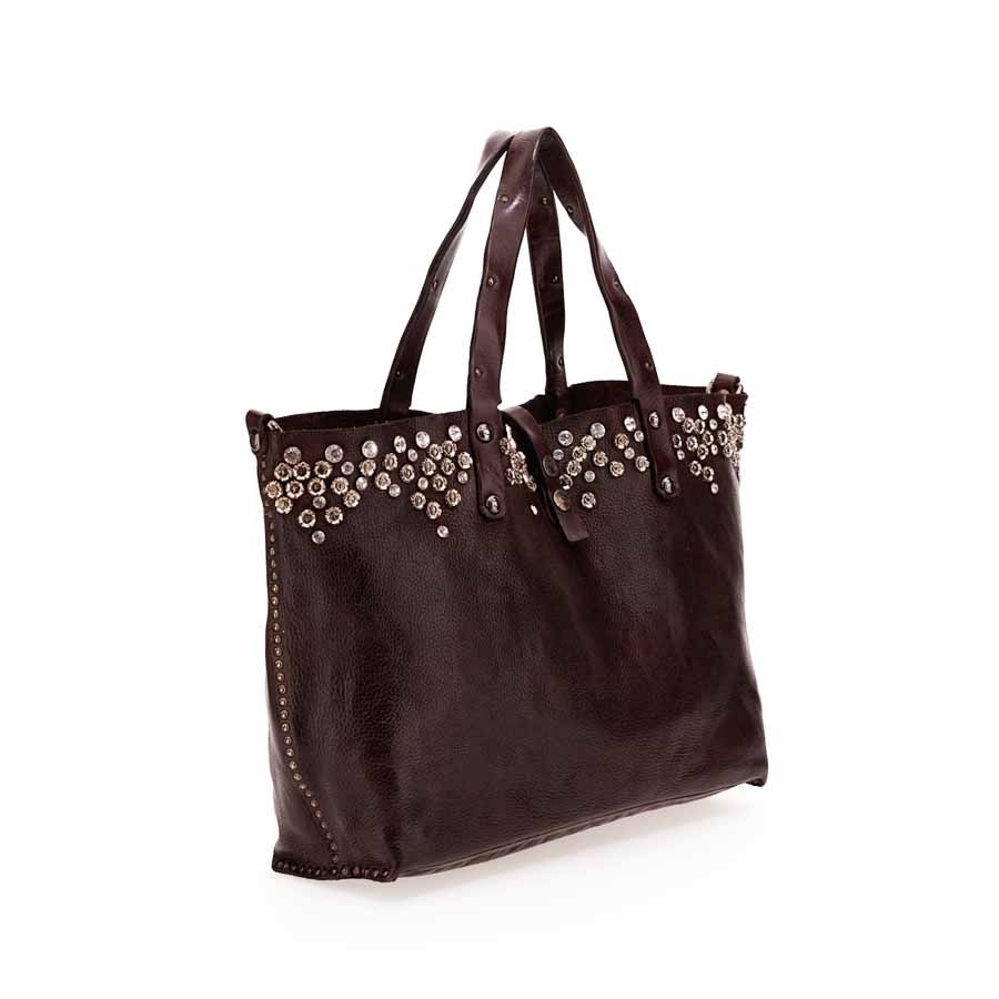 Campomaggi "Bella Di Notte" shopping bag in dark brown leather with studs and rhinestones