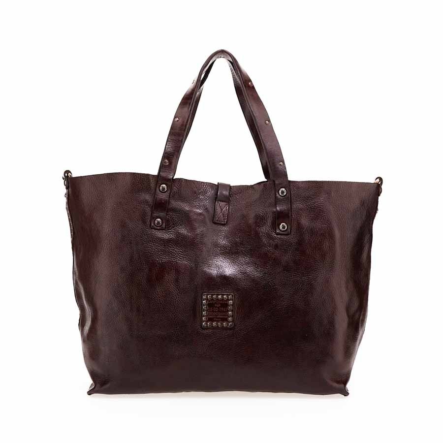 Campomaggi "Bella Di Notte" shopping bag in dark brown leather with studs and rhinestones