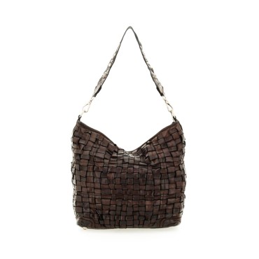Campomaggi "BETH" shoulder bag in woven leather with studs, dark brown