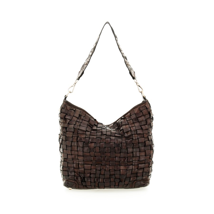 Campomaggi "BETH" shoulder bag in woven leather with studs, dark brown