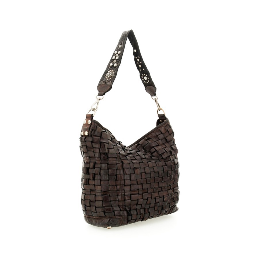 Campomaggi "BETH" shoulder bag in woven leather with studs, dark brown
