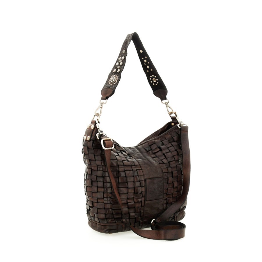 Campomaggi Borsa spalla "BETH" pelle intrecciata con borchie moro