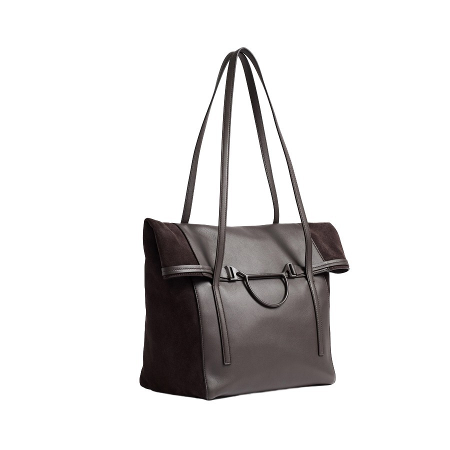 Borbonese borsa Wave shopping large pelle cacao caffe
