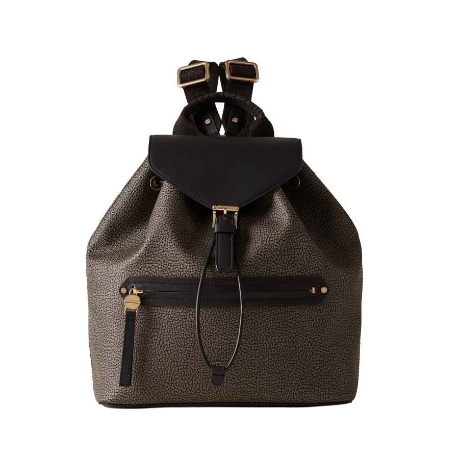 Borbonese Urban backpack in coated canvas (OP pattern, charcoal) and leather.