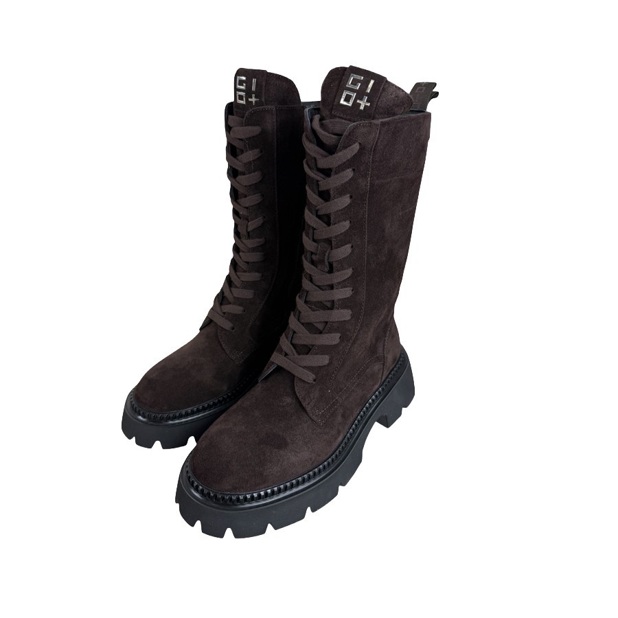 Gio+ women's Greta01 combat boots, Dark Brown mixed suede.