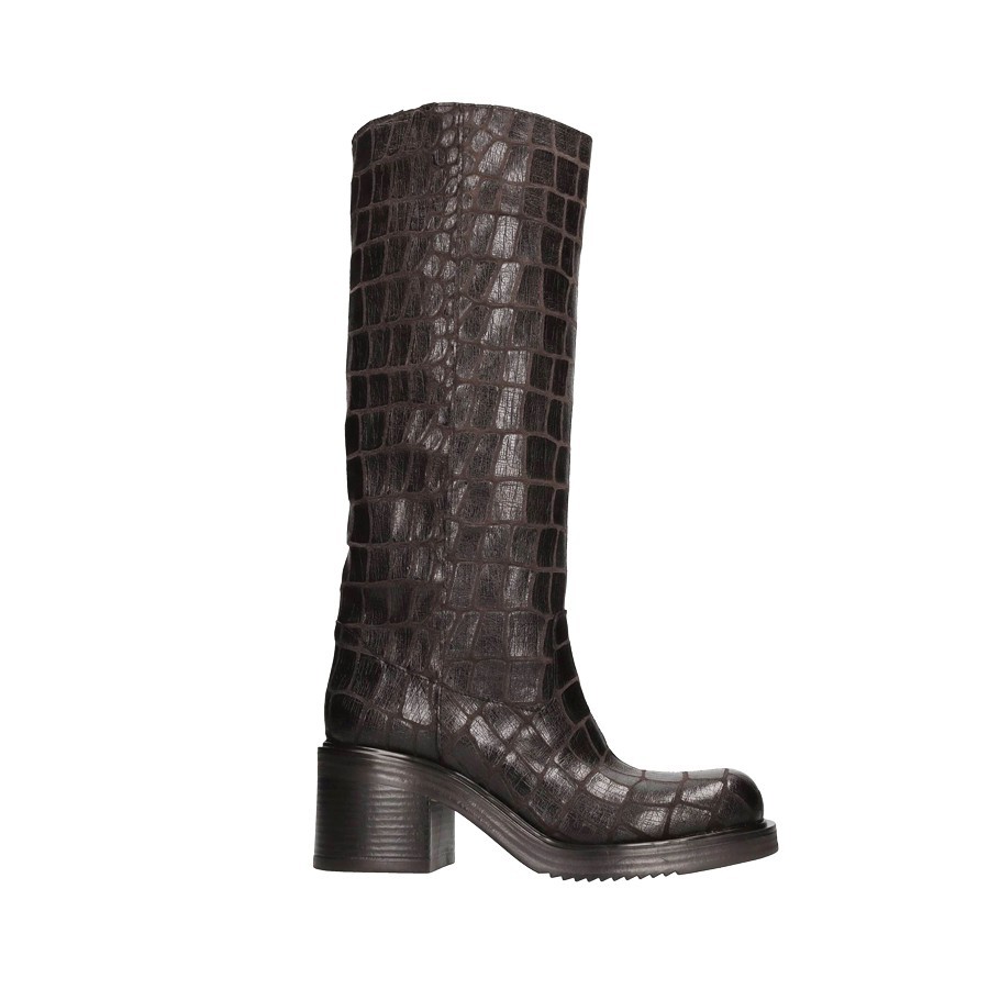 Elena Iachi women's dark brown crocodile-print leather boots