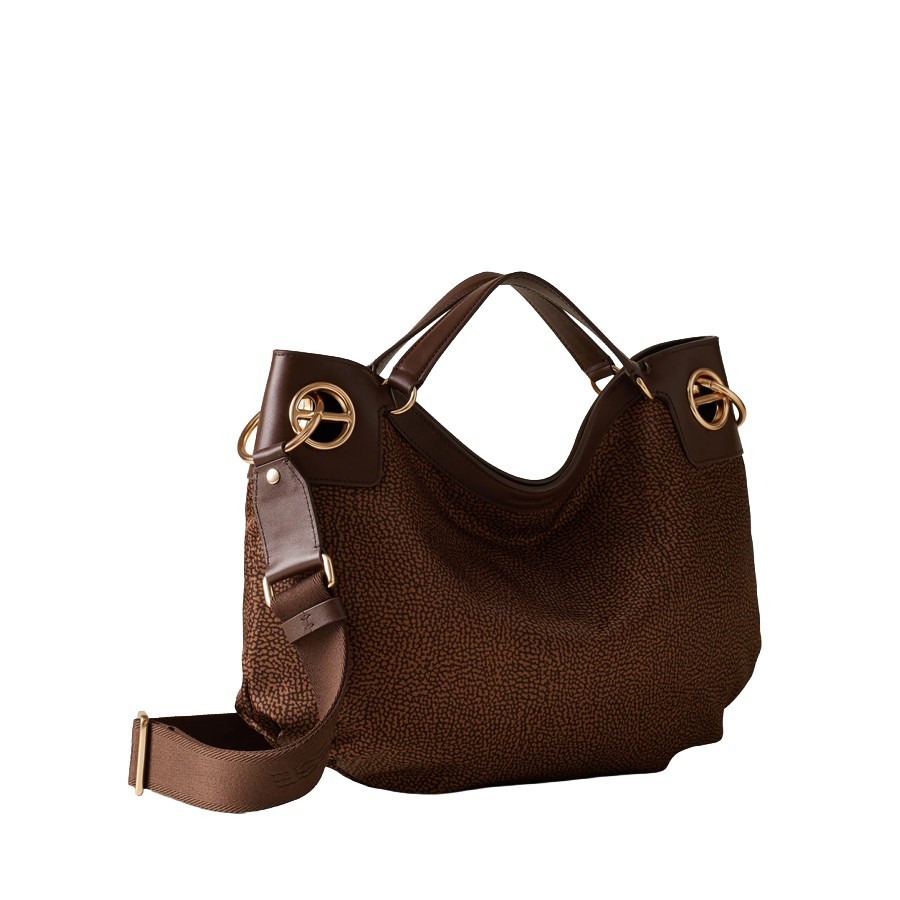 Borbonese borsa hobo London medium tessuto Op pelle cioccolato