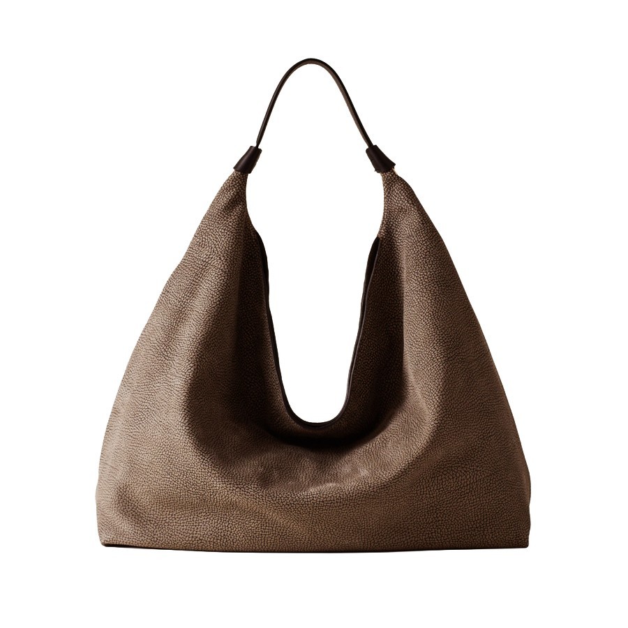 Borbonese large Plie hobo bag in Minerva calfskin, cumin/ebony