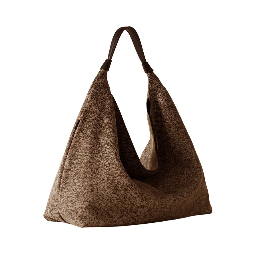 Borbonese large Plie hobo bag in Minerva calfskin, cumin/ebony