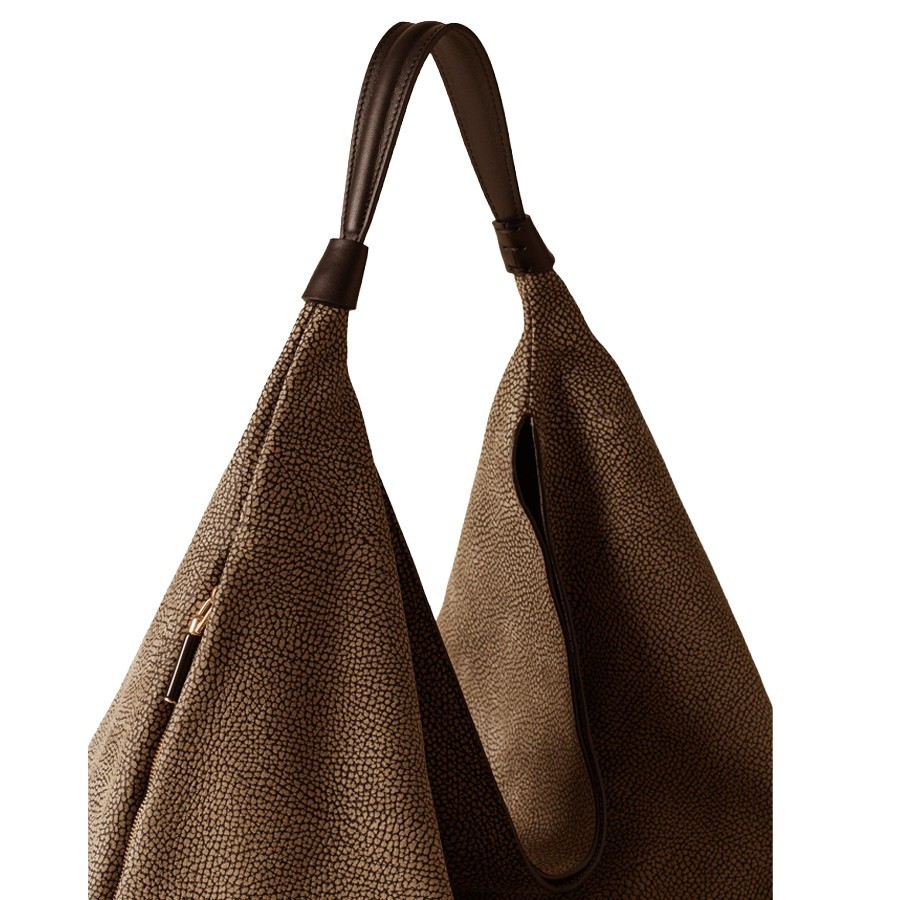 Borbonese large Plie hobo bag in Minerva calfskin, cumin/ebony