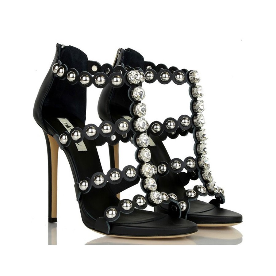 Ninalilou sandalo alto in pelle nero swarovski e borchie 281013