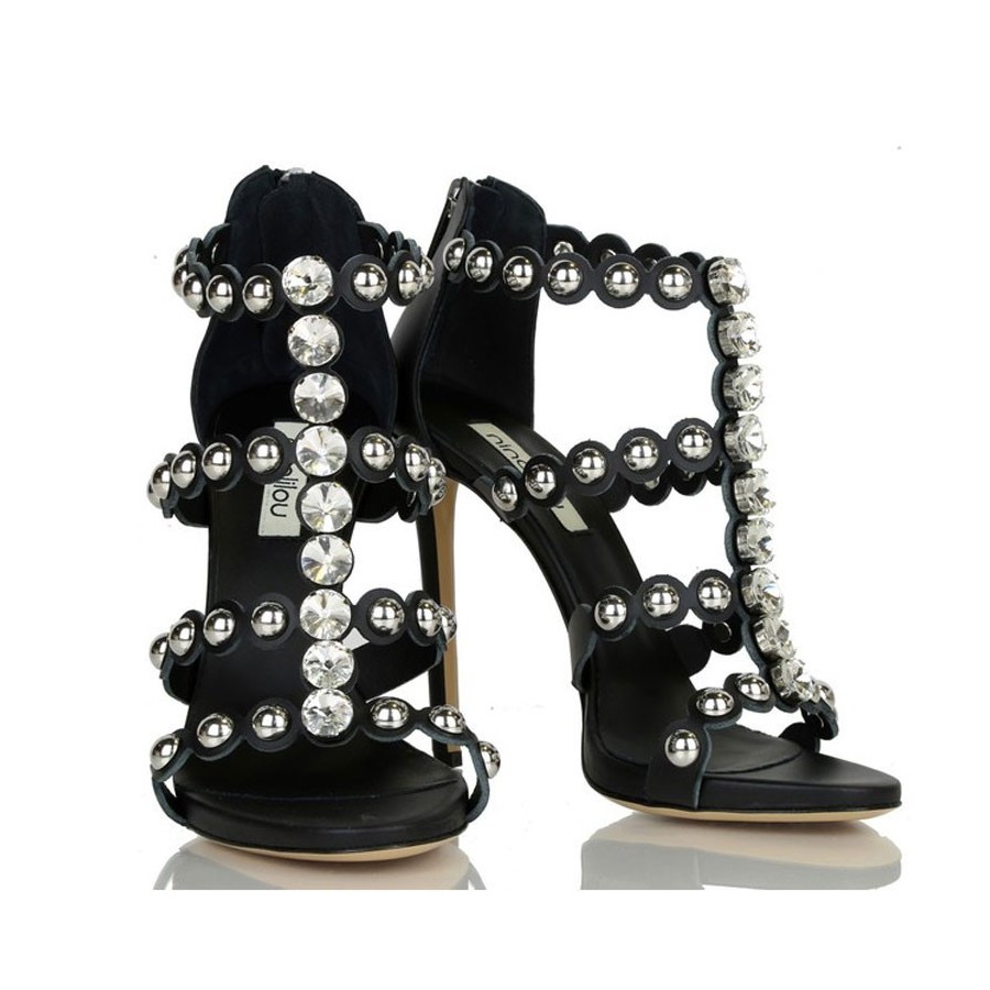 Ninalilou sandalo alto in pelle nero swarovski e borchie 281013