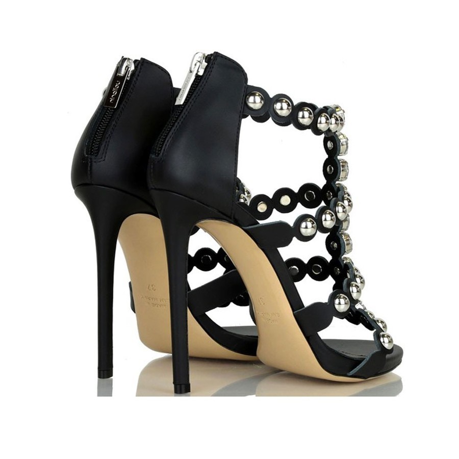 Ninalilou sandalo alto in pelle nero swarovski e borchie 281013