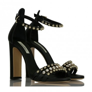 Ninalilou sandalo alto in pelle nero swarovski e borchie 281032