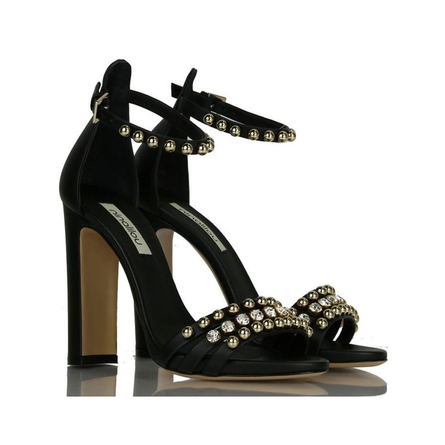 Ninalilou sandalo alto in pelle nero swarovski e borchie 281032