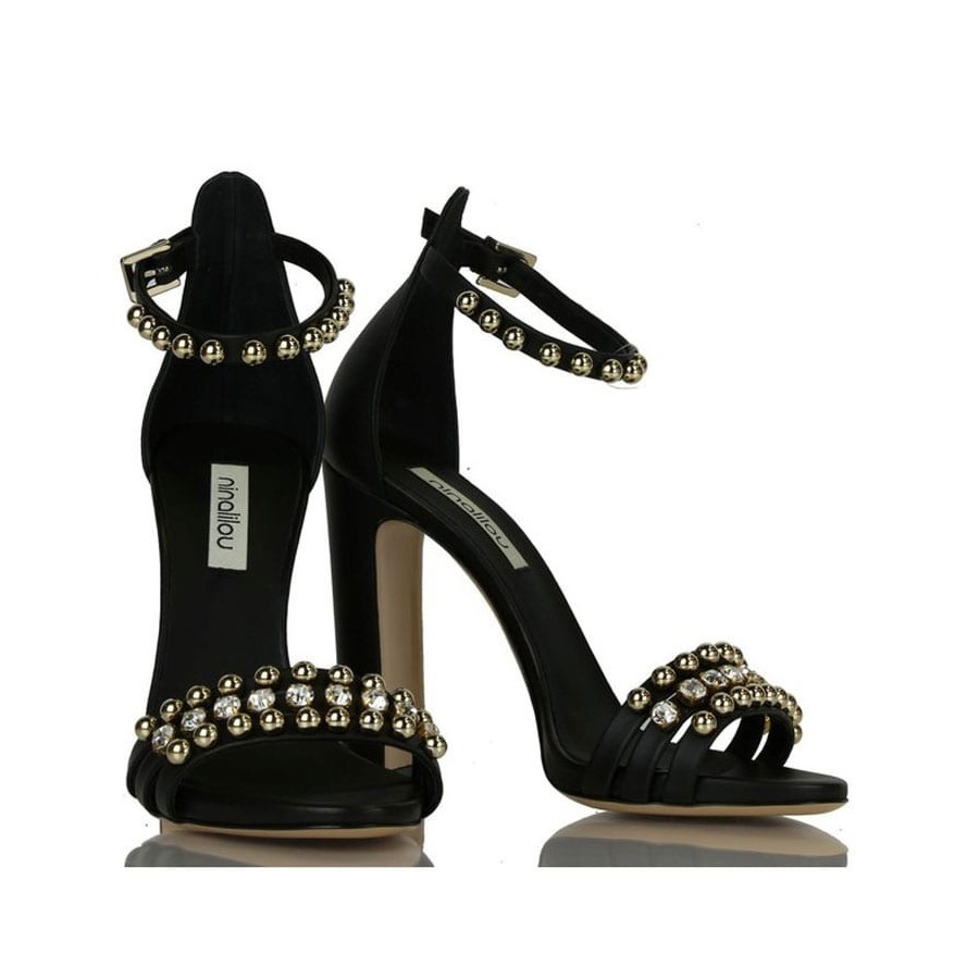 Ninalilou sandalo alto in pelle nero swarovski e borchie 281032