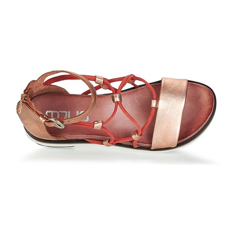 Mjus sandalo su zeppa bassa intreccio lacci pelle metallizzata rosa